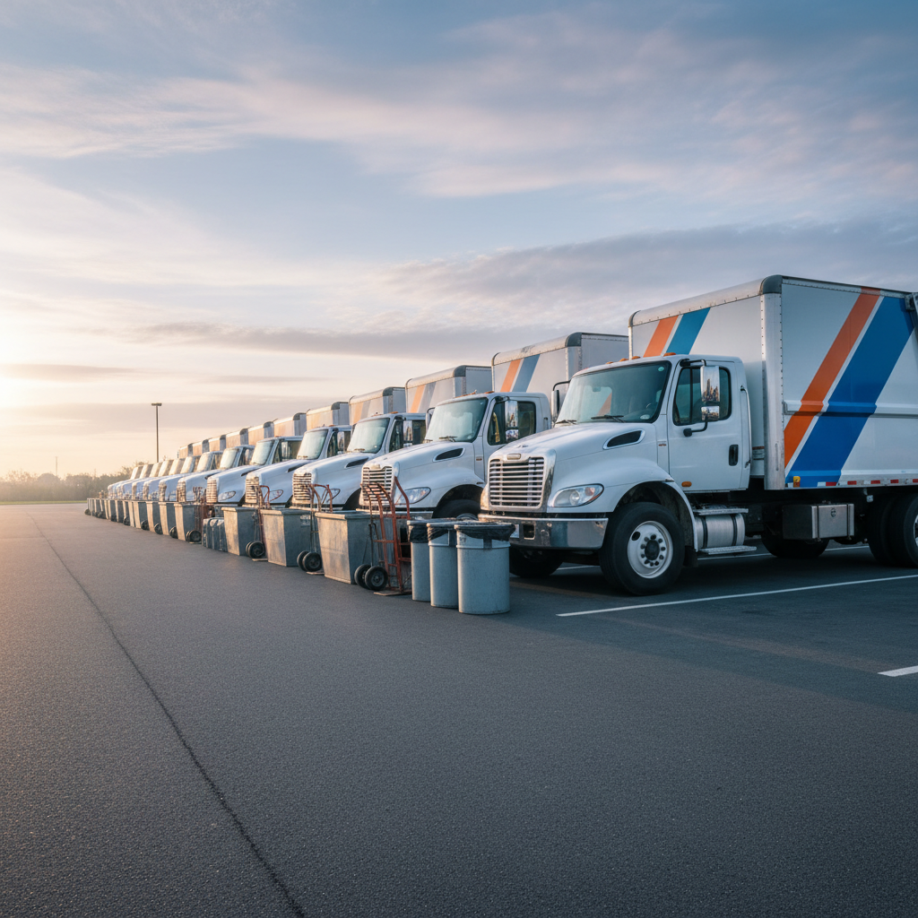 A photographic, eye-level view of a neatly organized fleet of junk removal trucks parked in a clean lot at dawn, each truck bright white with bold, simple striping but no readable logos or text. The metal surfaces gleam under a cool early-morning sky, reflecting soft blue and pink hues. Heavy-duty bins, sturdy dollies, and industrial trash cans are lined up in front, ready for deployment. The composition uses the rule of thirds, with trucks receding into the distance to suggest scale and reliability. Diffused golden hour light creates long, confident shadows and crisp highlights, evoking speed, strength, and readiness without feeling like staged stock imagery.