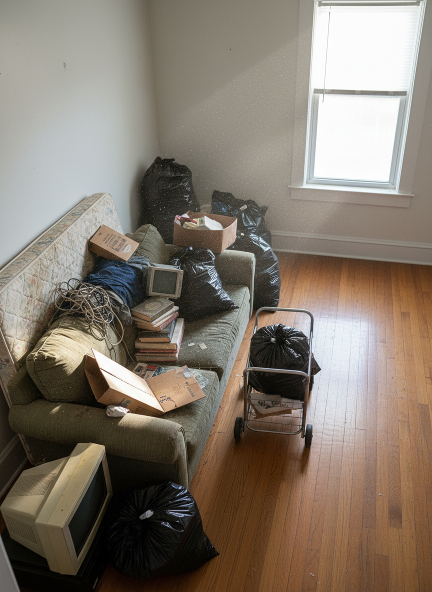 A cinematic, photographic interior of a small rental living room in the middle of a property cleanout, with one half still crowded by an overflowing old sofa, stained mattress, scattered boxes, and outdated electronics, and the other half noticeably cleared, revealing clean hardwood floors and freshly wiped baseboards. Natural daylight streams through a large window, catching dust motes in the air and creating dramatic beams that cut across the mess. The mood is bold and transformative, emphasizing progress. Shot from a slightly elevated corner angle, the composition leads the eye from clutter to clarity, with high-detail textures on fabrics, cardboard, and smooth wood, and no people present, only tools like heavy-duty contractor bags and a compact utility cart.