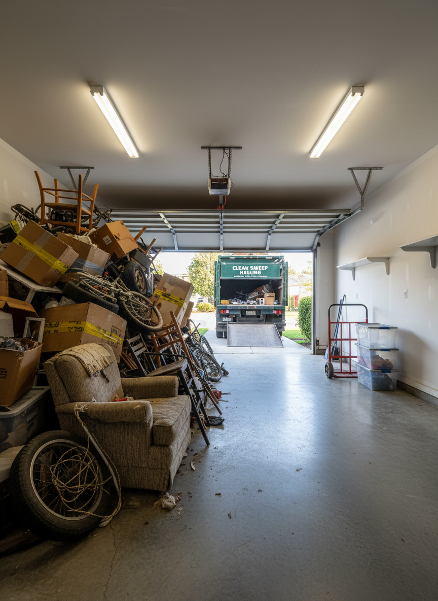 A wide, photographic realism shot of a cluttered suburban garage mid-cleanout, with towering piles of old boxes, broken furniture, and scrap metal on one side and a freshly cleared, swept concrete floor on the other. The contrast between chaos and order dominates the frame. Overhead fluorescent lights mix with soft daylight from an open garage door, casting crisp, directional shadows that emphasize the transformation. No people are visible, only rugged equipment like a heavy-duty dolly, stacked plastic bins, and a large utility truck backed into the driveway. Captured at eye level with sharp focus throughout, the bold, dynamic mood showcases fast, decisive junk removal and a dramatic before-and-after effect in a single image.