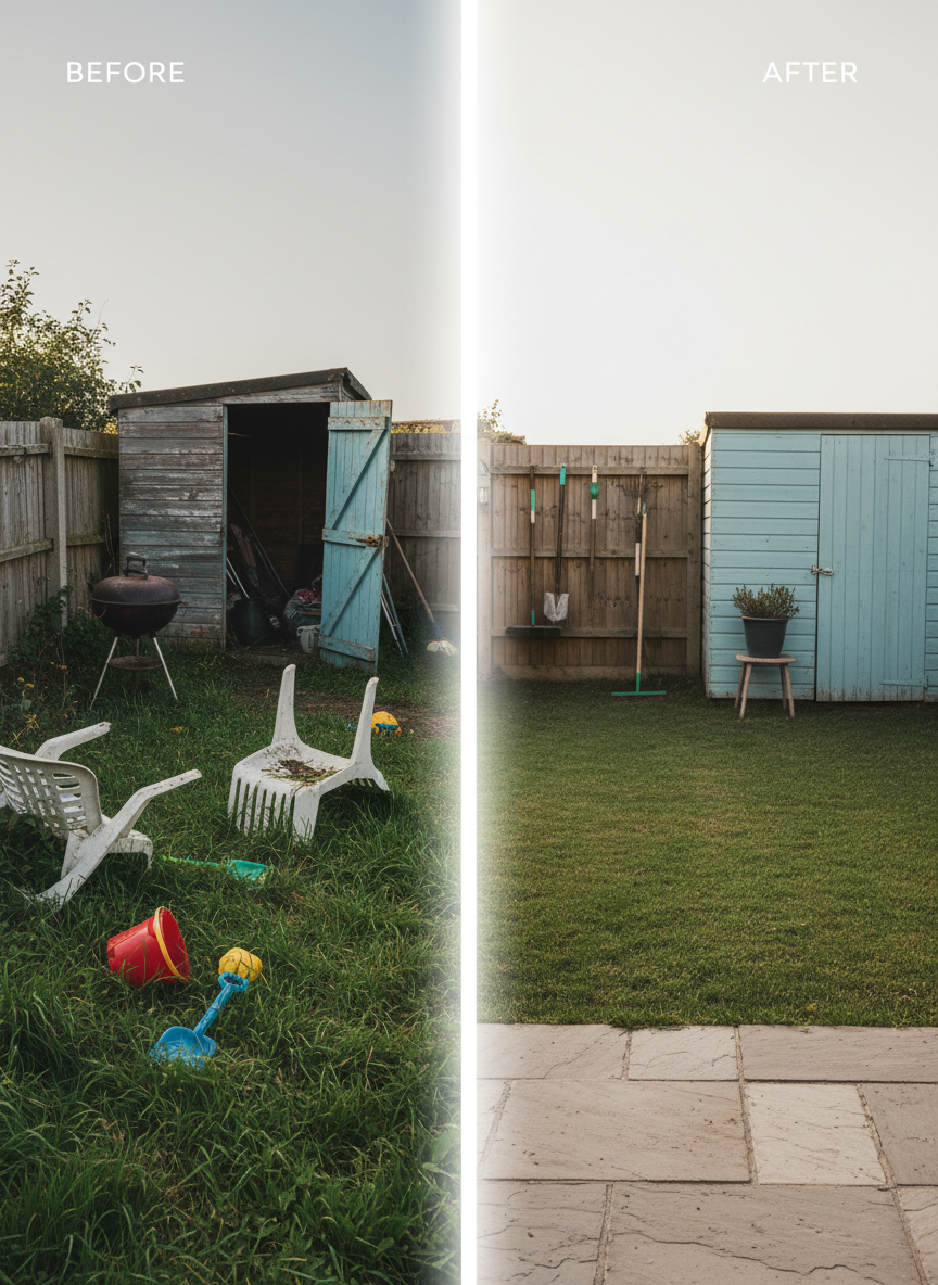 A bold, photographic before-and-after split scene of a neglected backyard cleanout. On the left, overgrown grass, toppled plastic chairs, a rusting grill, scattered toys, and a leaning shed door create a chaotic, grimy texture. On the right, the same space appears fully cleared, with trimmed grass, removed debris, neatly stacked outdoor tools, and an empty patio ready for use. The dividing line is clean but natural, like a subtle fade across the center. Late afternoon sunlight casts warm, directional light, emphasizing the renewed openness. Shot at eye level with wide-angle composition, everything is in crisp focus, reinforcing the dramatic transformation and the power of thorough junk removal.