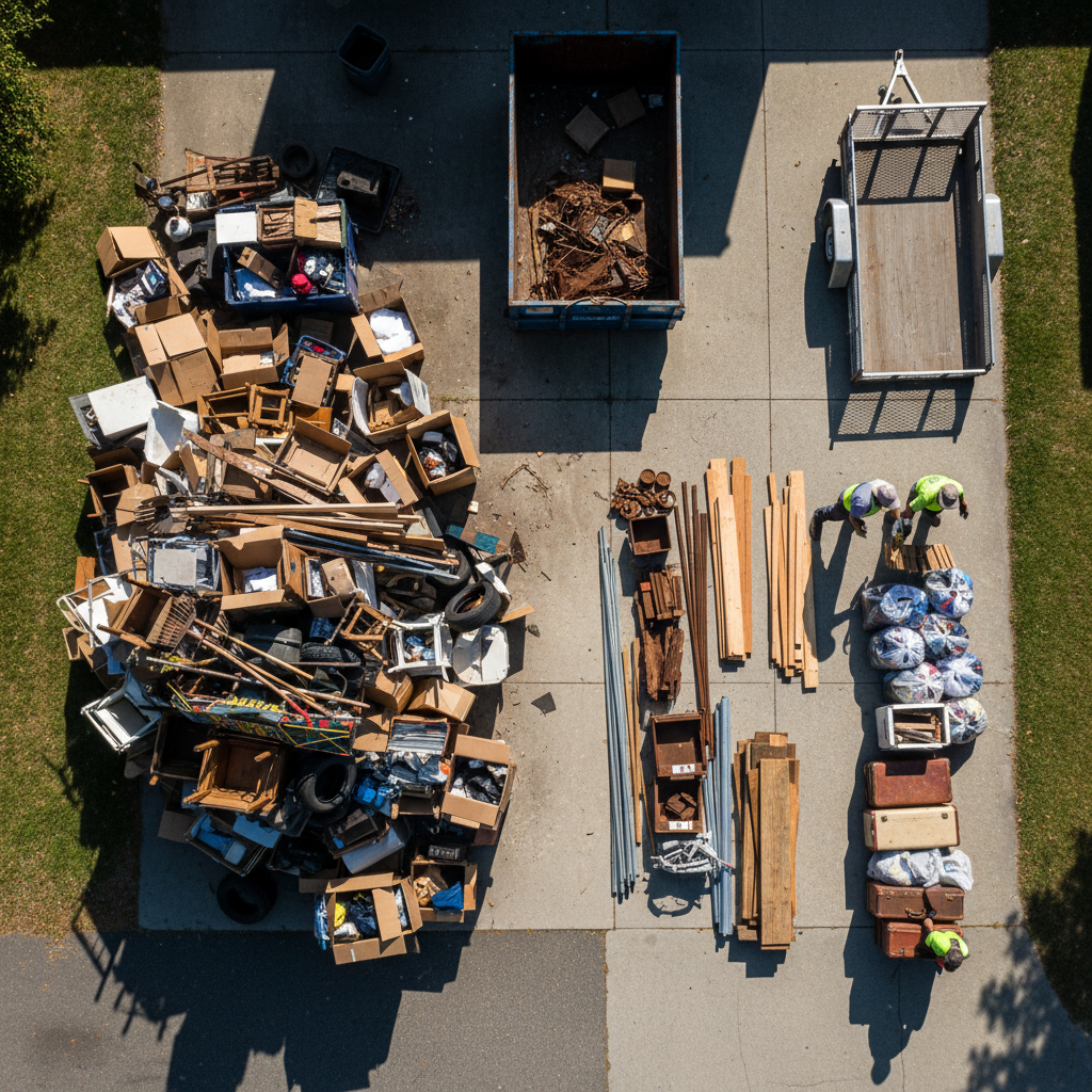 A high-contrast, photographic overhead view of a driveway estate cleanout in progress, showing a clear separation between unsorted junk piles and organized removal staging. Old wooden chairs, rolled rugs, rusty garden tools, and cardboard boxes form a dense, textured cluster on one side, while the other side displays sorted metal, wood, and donation-ready items in neat rows. A large open-top dumpster and a clean utility trailer anchor the composition. Midday sunlight creates sharp, decisive shadows that accentuate shapes and structure. The mood is efficient and assertive, highlighting a systematic process. Shot from a bird’s-eye perspective with tack-sharp focus, it feels authentic and action-driven, avoiding any sense of posed stock photography.
